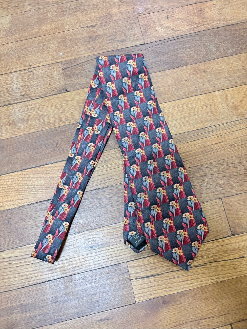 Ermenegildo Zegna Gray Silk Tie with Red and Yellow Floral Pattern